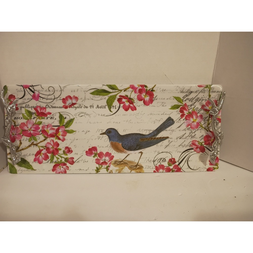 Mariposa Pamela Gladding Melamine Serving Tray BluebirdFloral Branch Handles19in - Picture 2 of 10